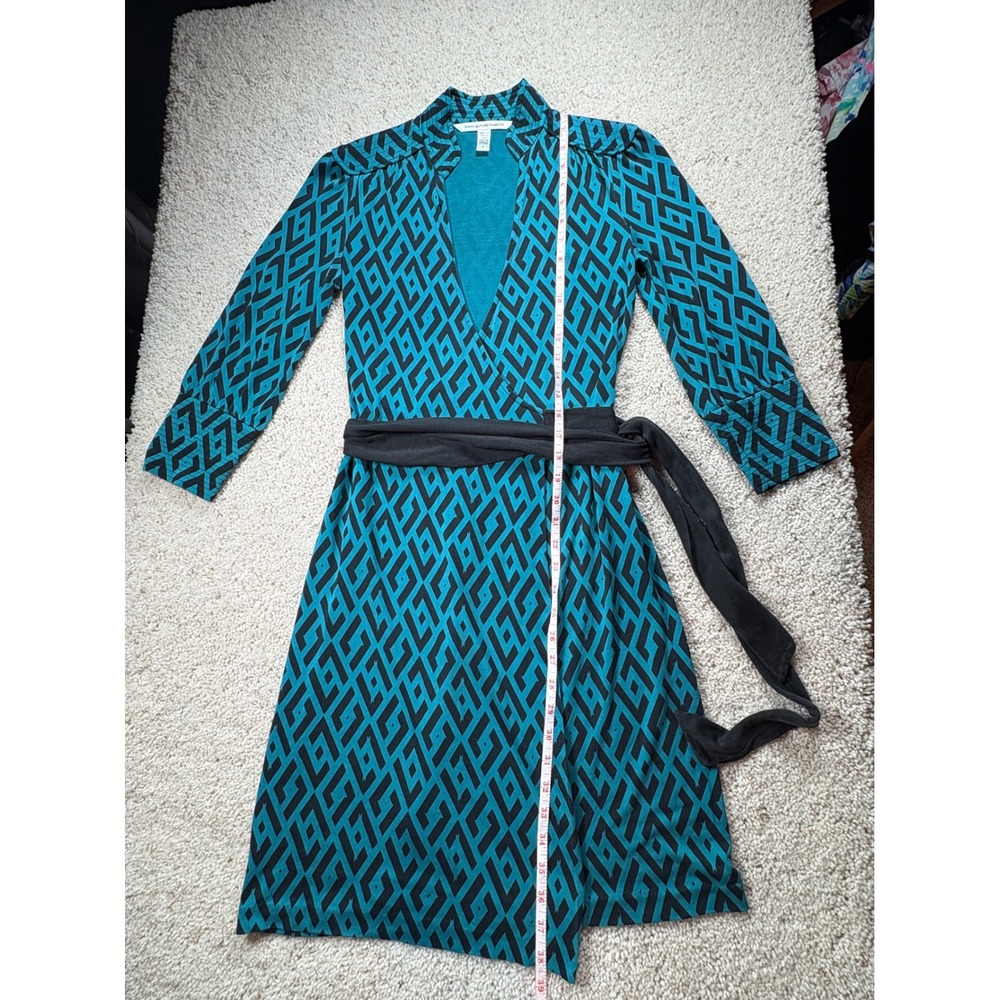 Diane von Furstenberg Tessa Wrap Dress Womens 2 Teal Geometric Silk Jersey - Picture 7 of 14